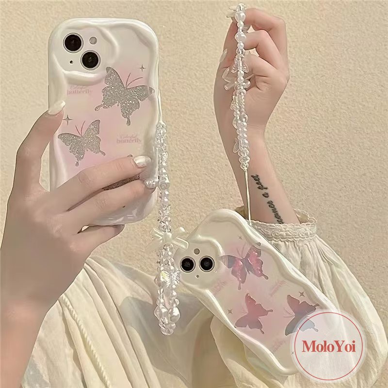 3D Wavy Curved Edge Case Compatible for IPhone 7 6s 6 8 Plus 11 12 14 13 Pro Max XR XS X Max SE 2020 INS Korean Glitter Fantasy Butterfly Case with Pearl Chain Lanyard Cover