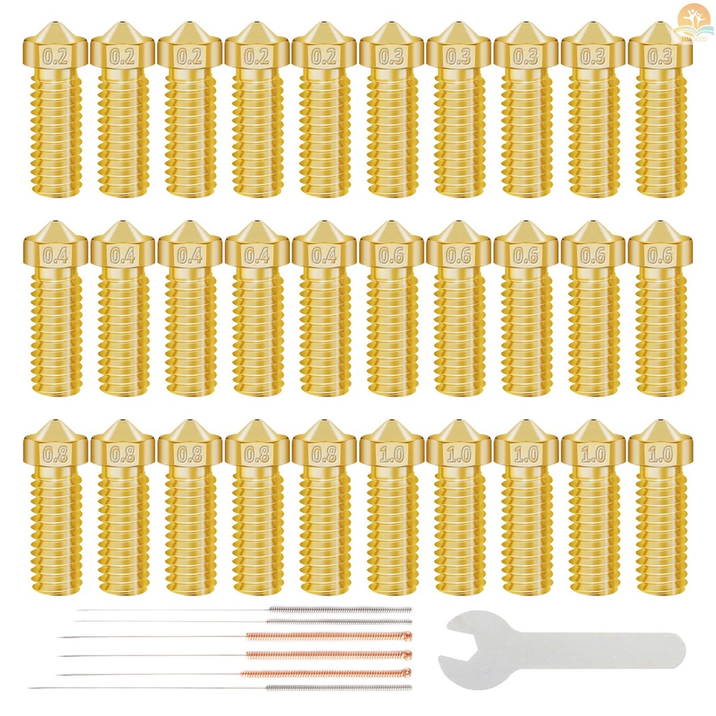 In Stock 3D Printer Parts Extruder Nozzle Kuningan Tembaga Hotend Volcano Nozzle 30PCS 0.2/0.3 /0.4 /0.6 /0.8 /1.0mm Untuk Creality CR-6 SE 3D Printer 1.75mm Filament 6PCS Cleaning Needles