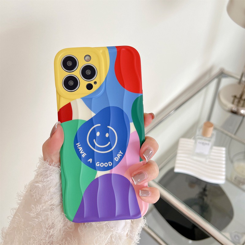 Colorful Block Smile Soft Silicon Case HP iP iPhone 14 + Plus 12 13 Pro Max 11 IMD Wave Casing Apple