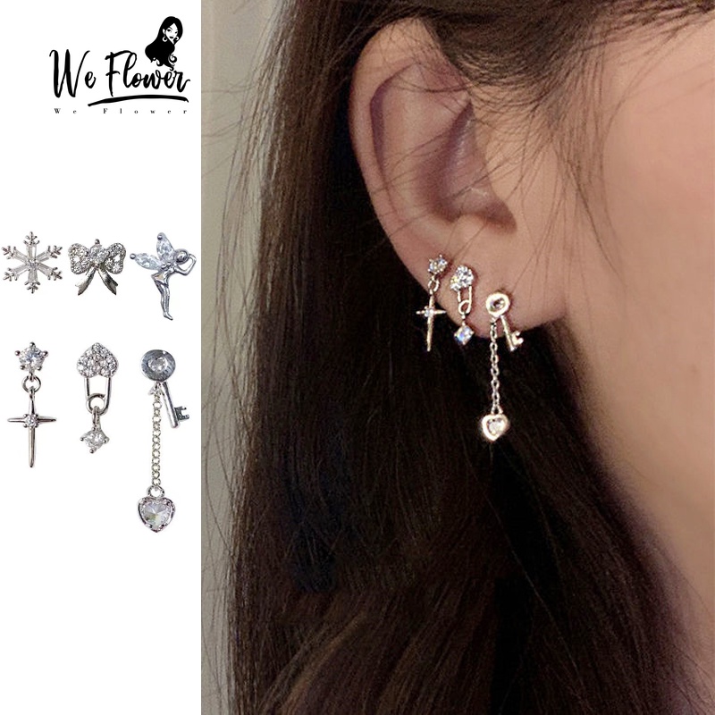 We Flower 1pasang Korea s925 Perak Bersinar Zirkon Kepingan Salju Rumbai Kunci Stud Anting-Anting Untuk Wanita Elegan Cross Bow Piercing Telinga Perhiasan Aksesoris