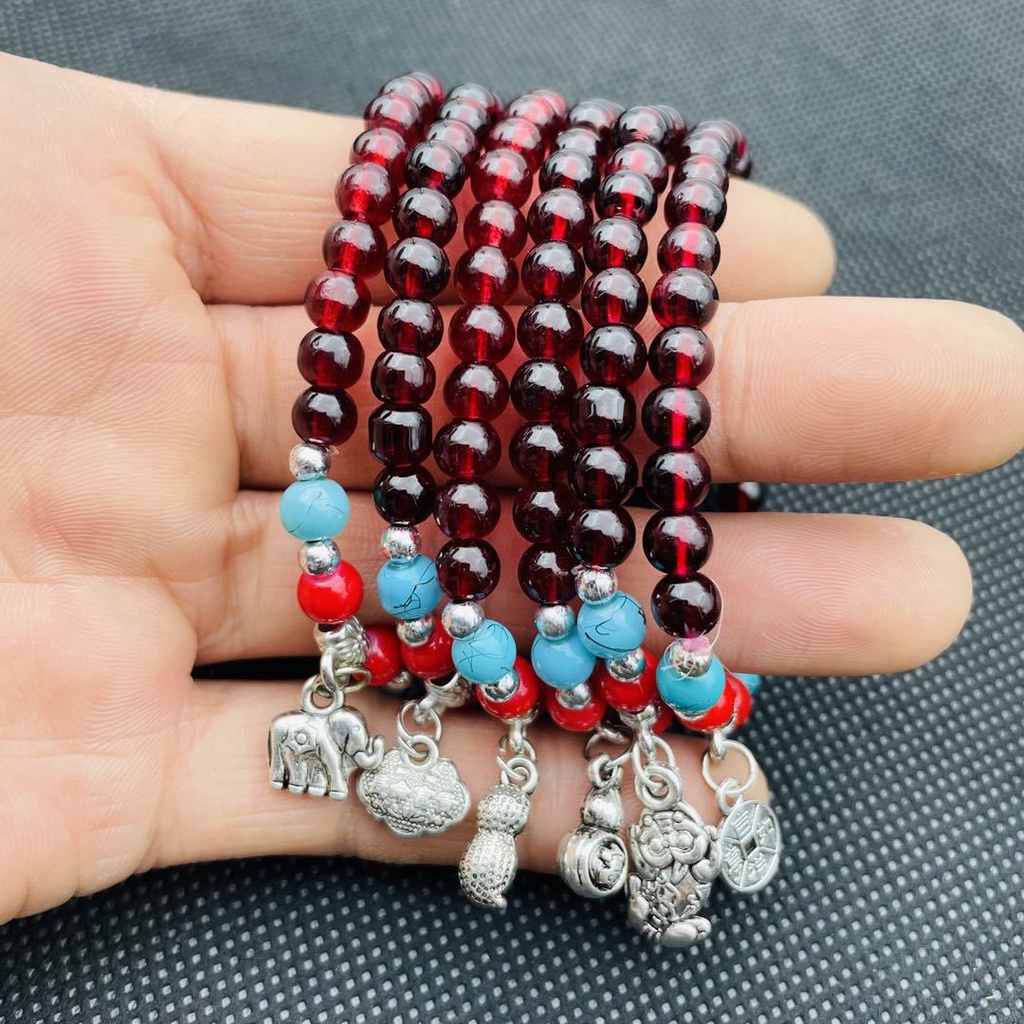 Retro Garnet Gelang Mensimulasikan Burgundy Bead Bracelet Fashion Unisex Pasangan Pixiu Pendant Bracelet