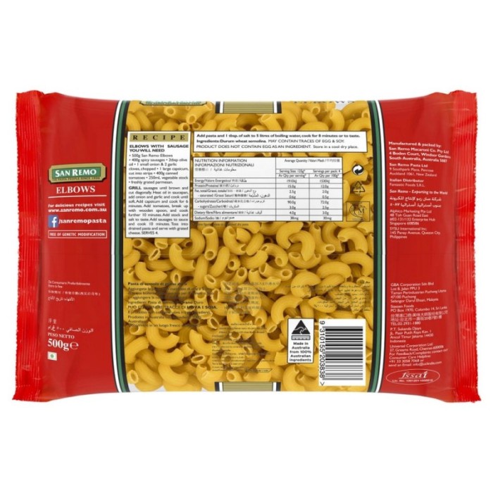 

PASTA EBOW MACARONI SAN REMO 500GR GANDUM DURUM BPOM RI MAKARONI - EBOW MACCARONI