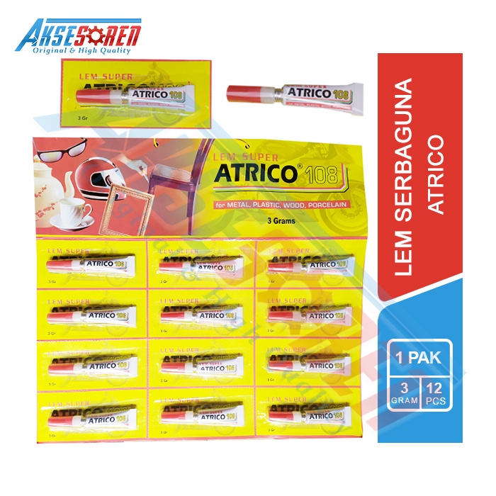 

Lem Super Atrico 108 [3 Gr/12 Pcs] / Lem Cair Serbaguna 1 Pak / Glue Multifungsi / Lem Perekat Kecil 1 Pack / Lem Besi Kramik Plastik Atrico 1 Lusin