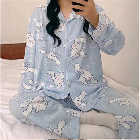 Setelan Baju Celana Tidur Piyama Wanita Dewasa Lengan Panjang Biru Muda Premium Import Murah Kekinia