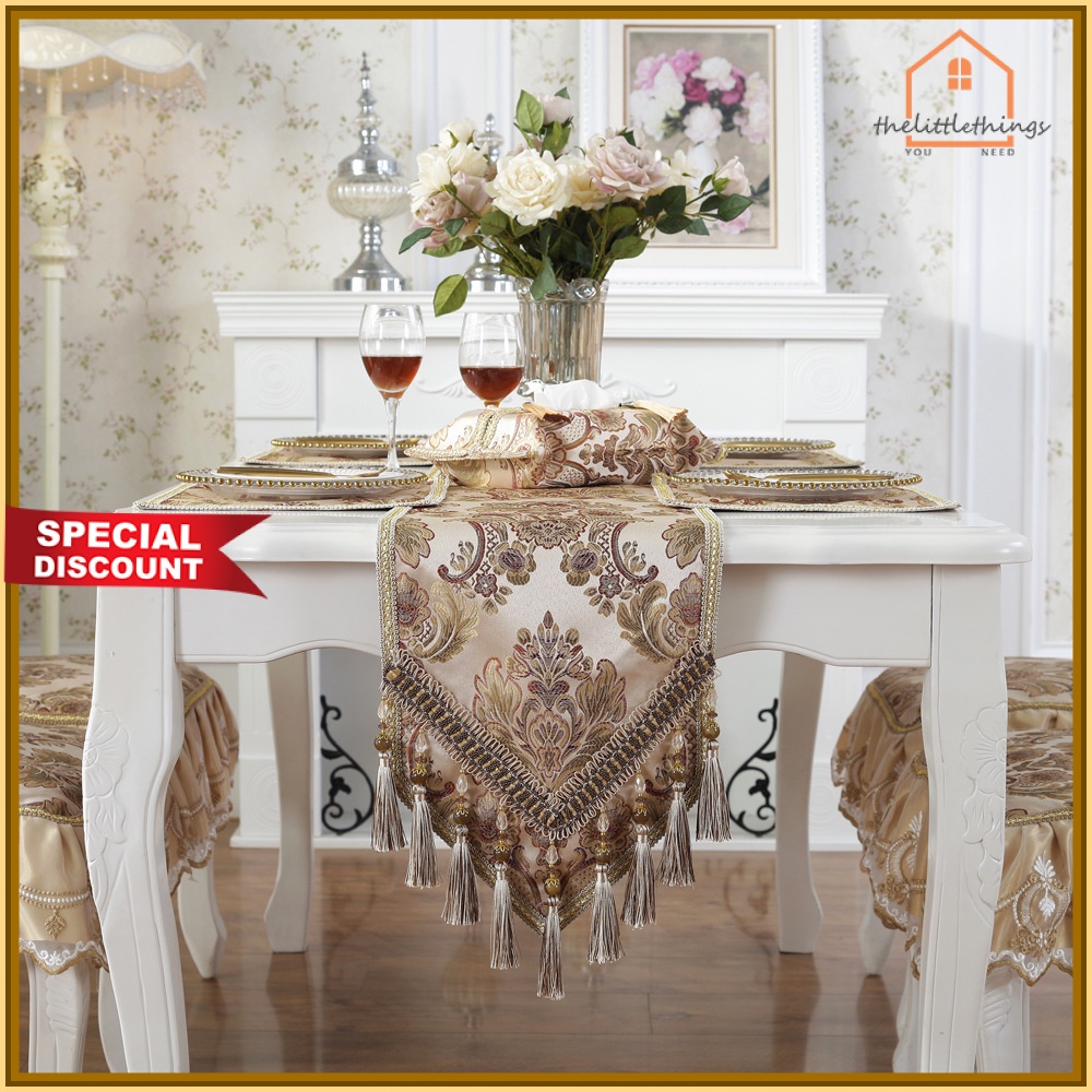Little Things Taplak Meja Tamu Tebal Bordir Timbul Alas Meja Elegant Panjang Tassel Rumbai Premium