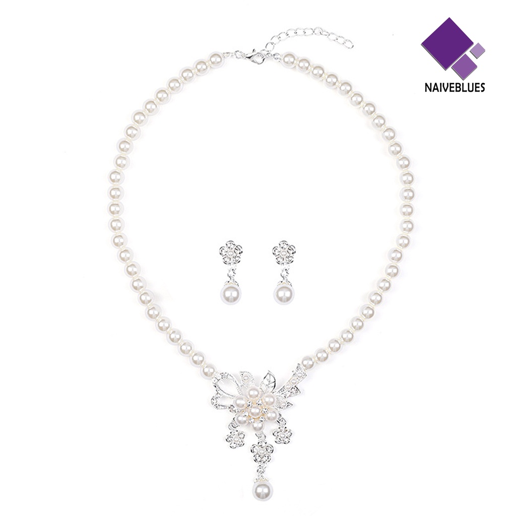 Naiveblue &gt; 1set Wanita Kalung Glossy Mutiara Imitasi Berlian Imitasi Bunga Pengantin Stud Earrings