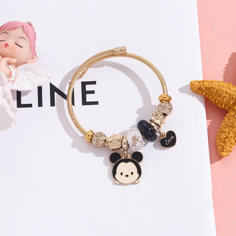 XiaoboACC Kartun Stitch Mickey Minnie Liontin Stainless Steel Terbuka Dapat Disesuaikan DIY Gelang