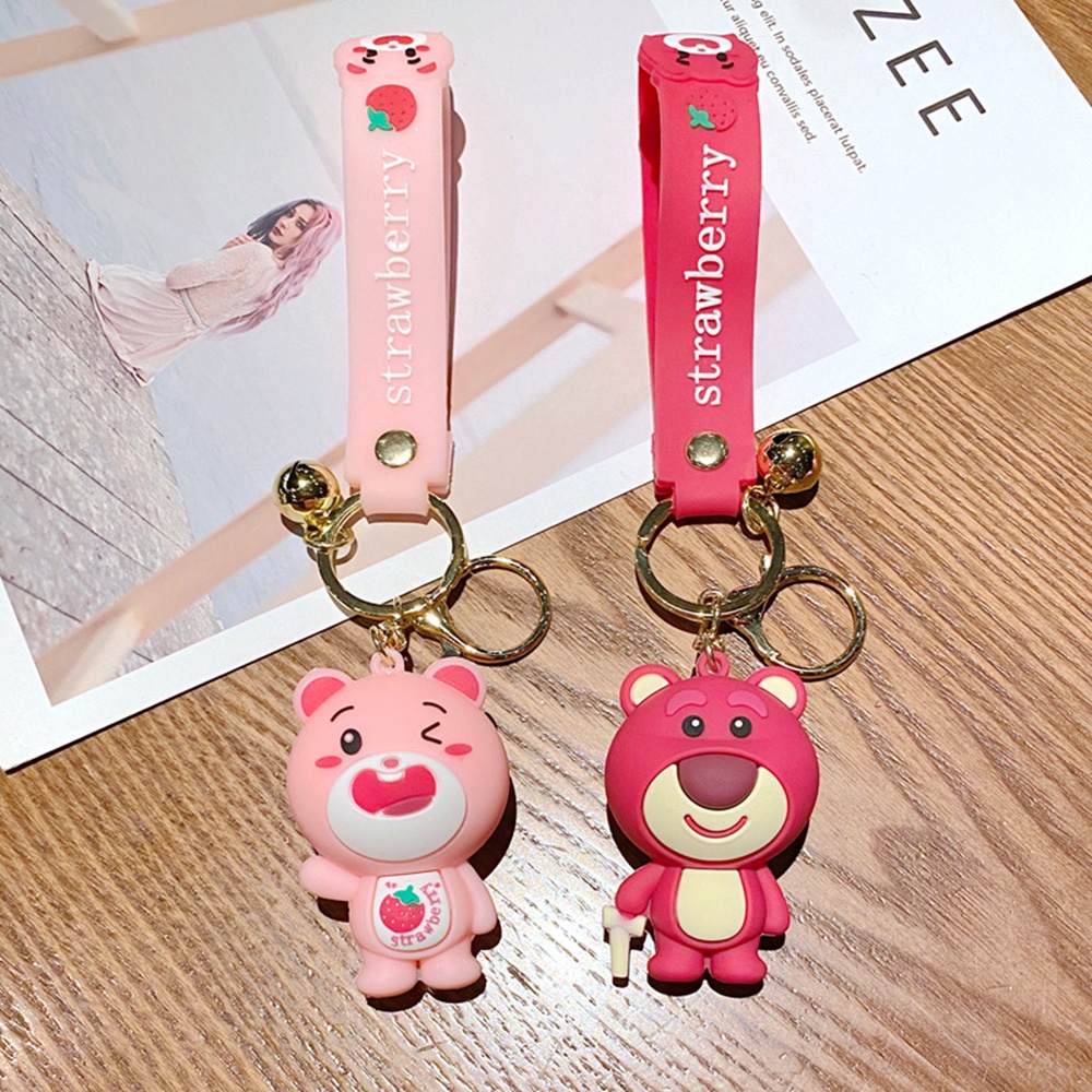 Lucu Indah Pink Strawberry Bear Gantungan Kunci Tas Mobil Liontin Keyring Aksesoris Pasangan Hadiah Kecil