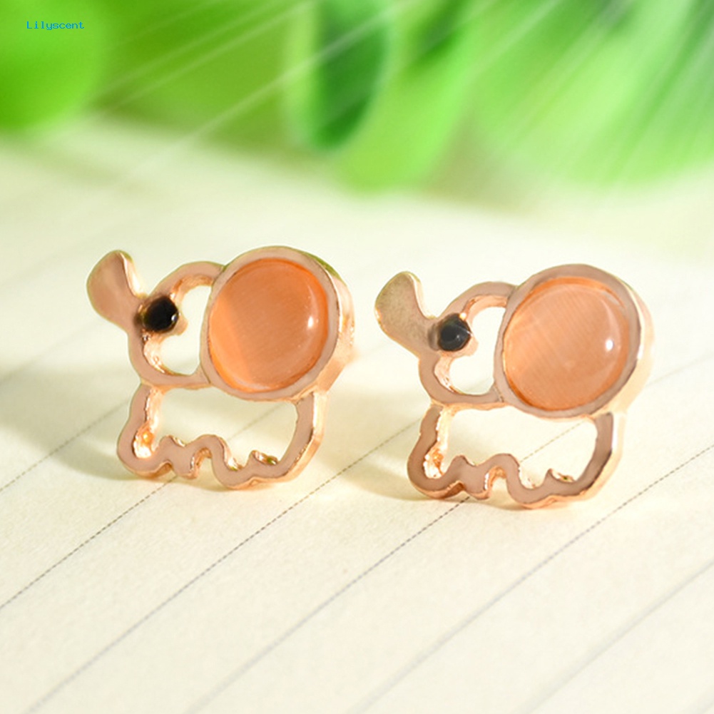 Lilyscent Lucu Wanita Faux Opal Hias Hollow Bentuk Gajah Telinga Stud Anting Perhiasan Hadiah