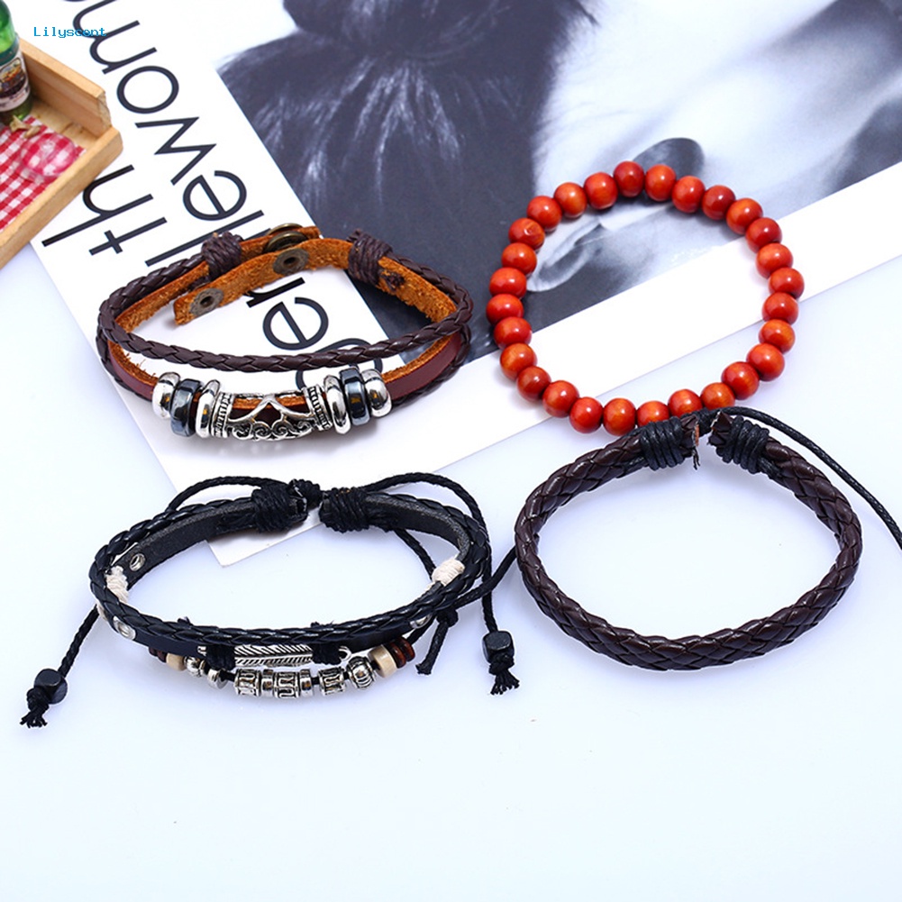 Lilyscent 4pcs Retro Punk Pria Manik-Manik Kulit Imitasi Kepang Multi Lapisan Gelang Yang Dapat Disesuaikan