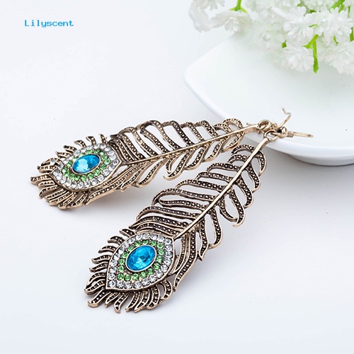 Lilyscent Vintage Wanita Berlian Imitasi Merak Mata Bulu Menjuntai Kait Anting Perhiasan