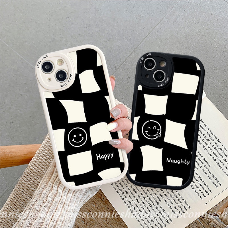 Casing Pasangan Case Infinix Smart5 6 Note8 Hot 9 11 10 Play 10s 11s 10T Hot 10 Lite Simple Fashion Hitam Putih Checkerboard Senyum Lucu Shockproof Lembut Tpu Penutup Belakang