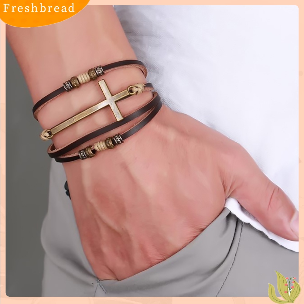 &lt; Freshbread &gt; Retro Faux Kulit Gelang Salib Bangle Wanita Pria Perhiasan Tali Adjustable Rantai