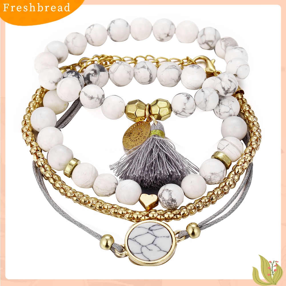 &lt; Freshbread &gt; 4Pcs Wanita Manik-Manik Pirus Imitasi Rumbai Pesona Gelang Bangle Set Perhiasan Hadiah