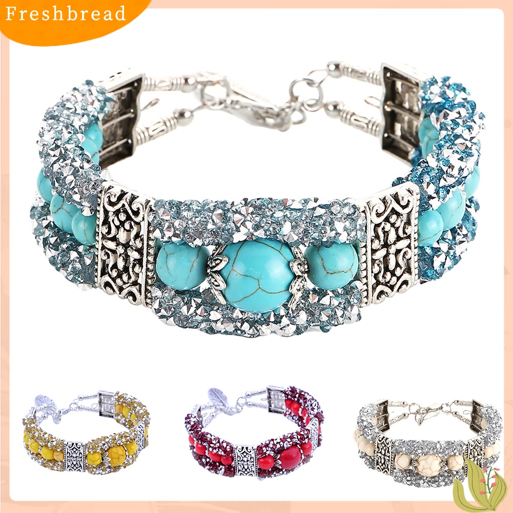 &lt; Freshbread &gt; Vintage Wanita Faux Turquoise Beads Berlian Imitasi Diukir Gelang Bangle Perhiasan