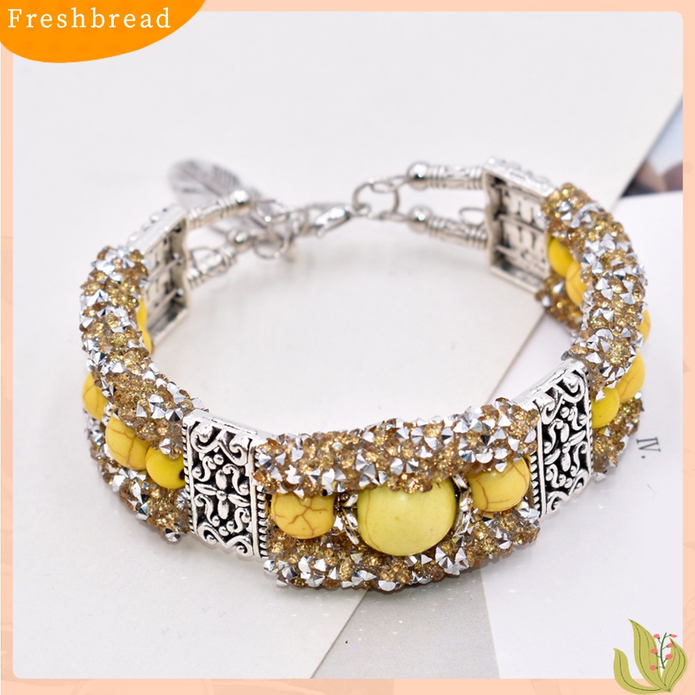 &lt; Freshbread &gt; Vintage Wanita Faux Turquoise Beads Berlian Imitasi Diukir Gelang Bangle Perhiasan