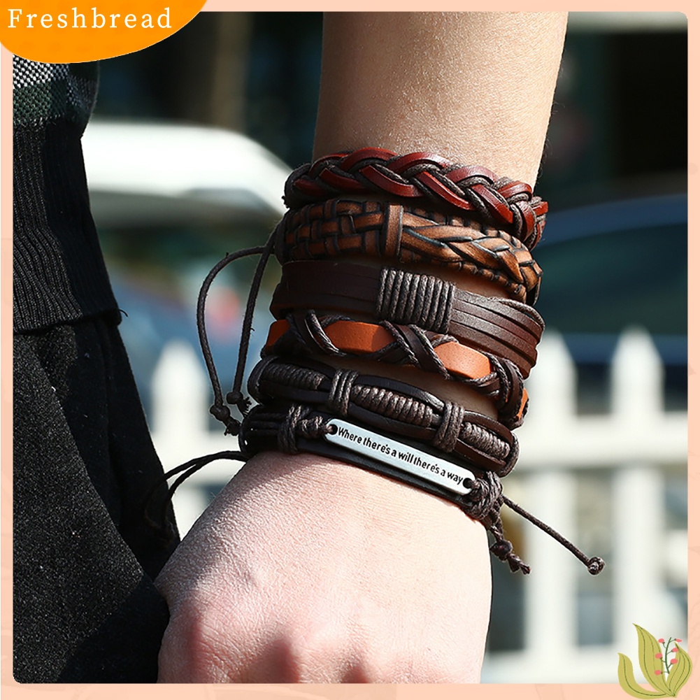 &lt; Freshbread &gt; 6Pcs/Set Pria Vintage Punk Dikepang Kulit Imitasi Multilayer Handmade Gelang Set