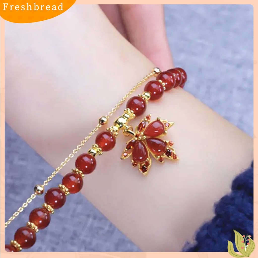 &lt; Freshbread &gt; Rantai Dipanjangkan Dapat Disesuaikan Lapisan Ganda Wanita Gelang Manik-Manik Permata Imitasi Maple Liontin Mewah Gelang Perhiasan Aksesoris