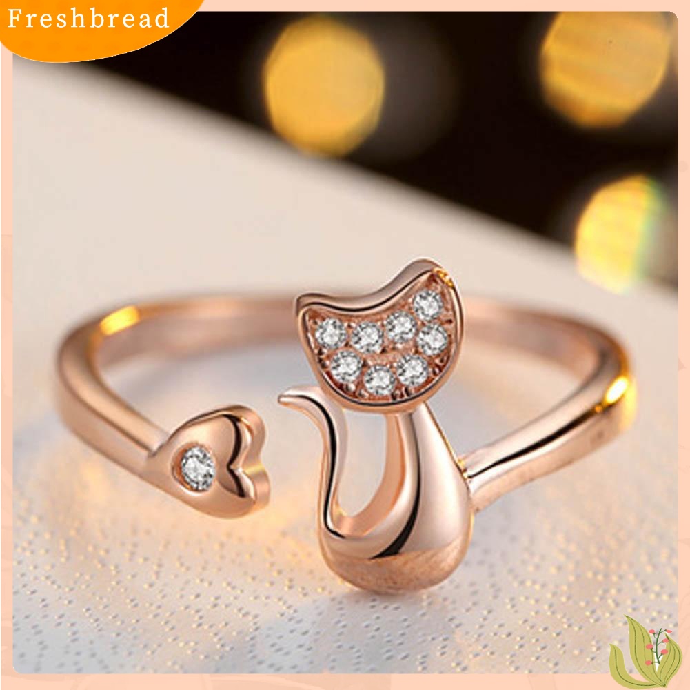 &lt; Freshbread &gt; 1Pc Cubic Zirconia Hewan Kucing Kecil Yang Lucu Hati Terbuka Cincin Fashion Perhiasan