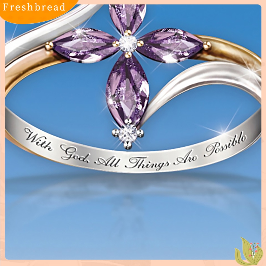 &lt; Freshbread &gt; Cincin Wanita Dual Color Hadiah Valentine Tembaga Faux Amethyst Cross Floral Ring Untuk Pesta