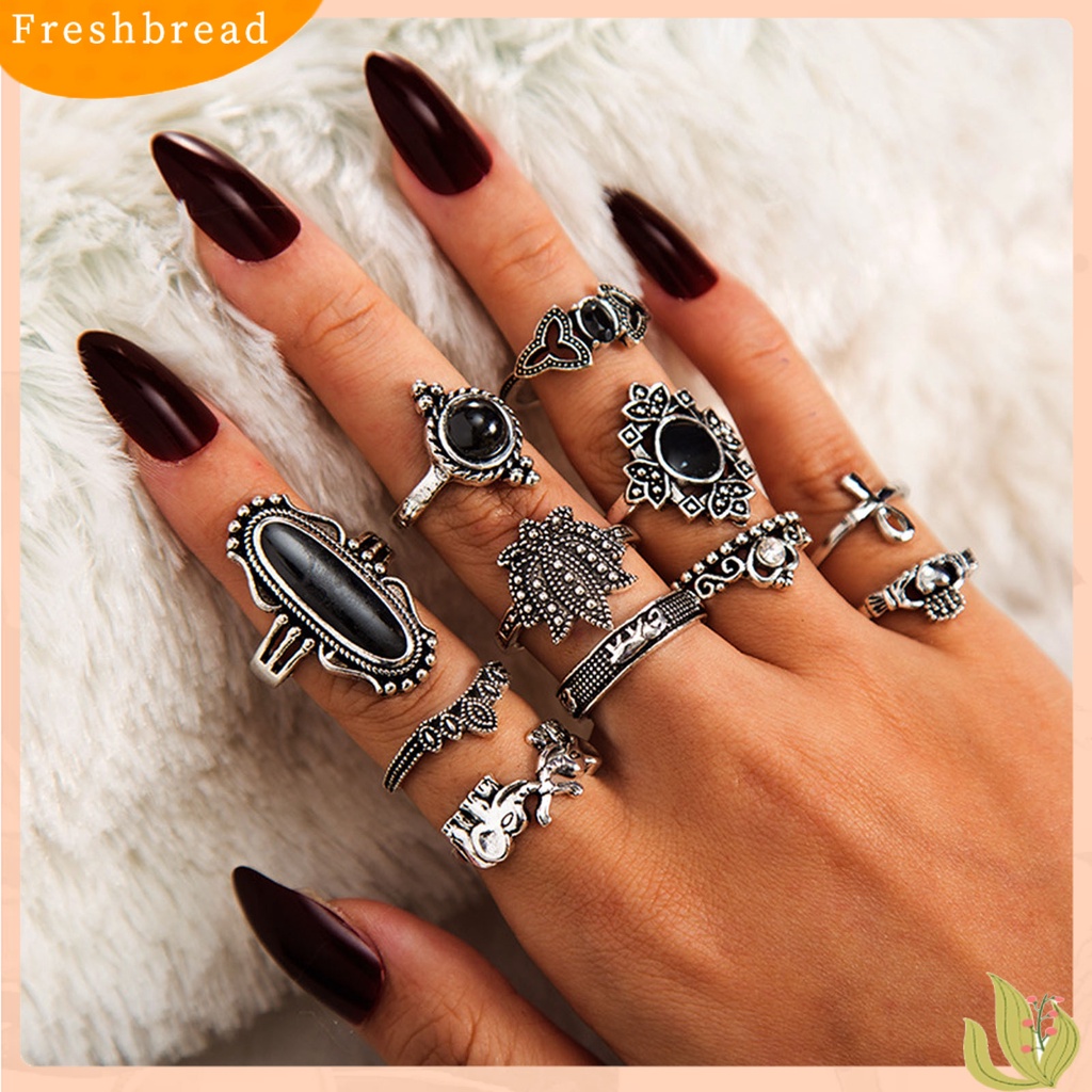 &lt; Freshbread &gt; 11Pcs/set Cincin Buku Jari Jantung Dapat Ditumpuk Paduan Bohemia Hitam Permata Imitasi Jari Rings Perhiasan Aksesori