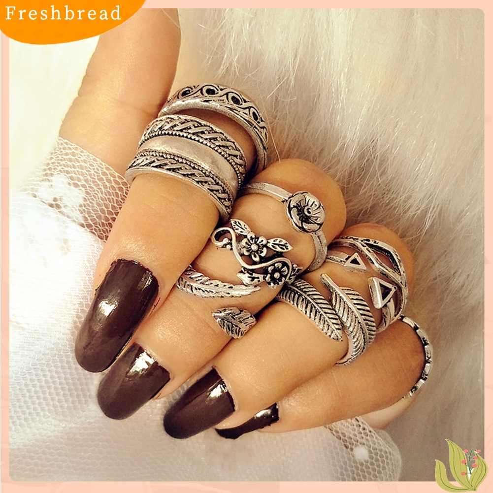 &lt; Freshbread &gt; 9pcs Vintage Wanita Berongga Ukiran Bunga Daun Terbuka Band Buku Jari Cincin Set