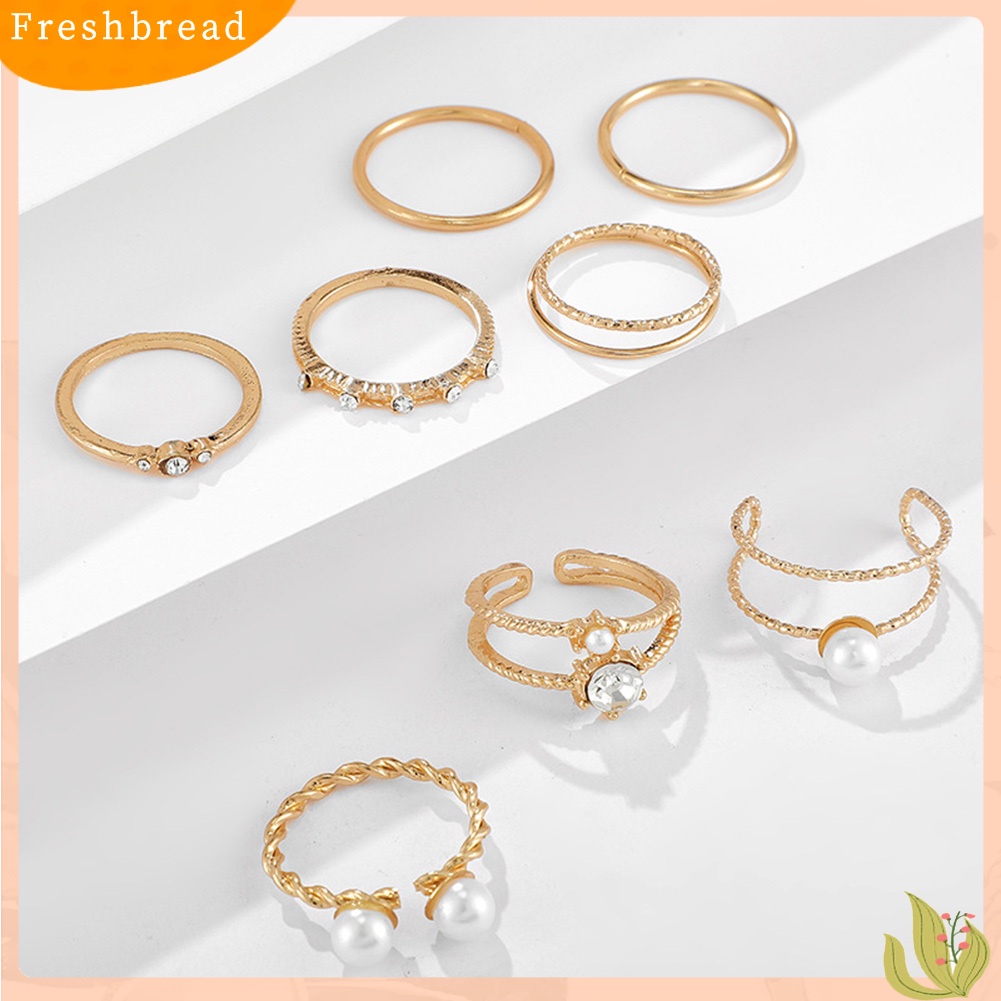 &lt; Freshbread &gt; 5/8Pcs Bohemian Wanita Mutiara Imitasi Berlian Imitasi Cincin Jari Terbuka Perhiasan Yang Dapat Disesuaikan