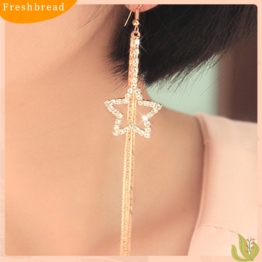 &lt; Freshbread &gt; Berlian Imitasi Wanita Pentacle Star Drop Jumbai Panjang Rantai Kait Menjuntai Anting Linear