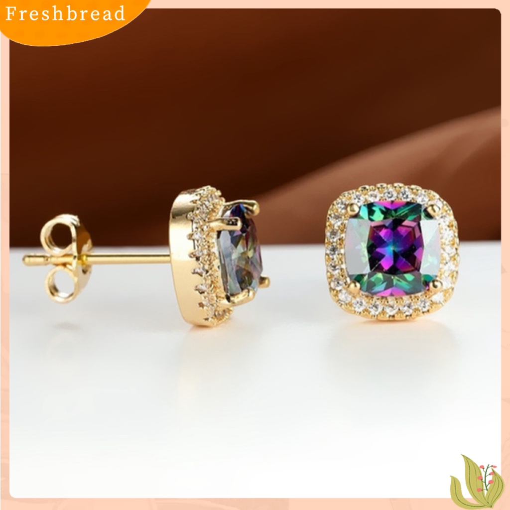 < Freshbread > 1pasang Anting Wanita Pengerjaan Halus Mewah Geometris Mata-catching Tahan Luntur Telinga Liontin Aksesori Wanita Rainbow Square Earrings Untuk Pesta