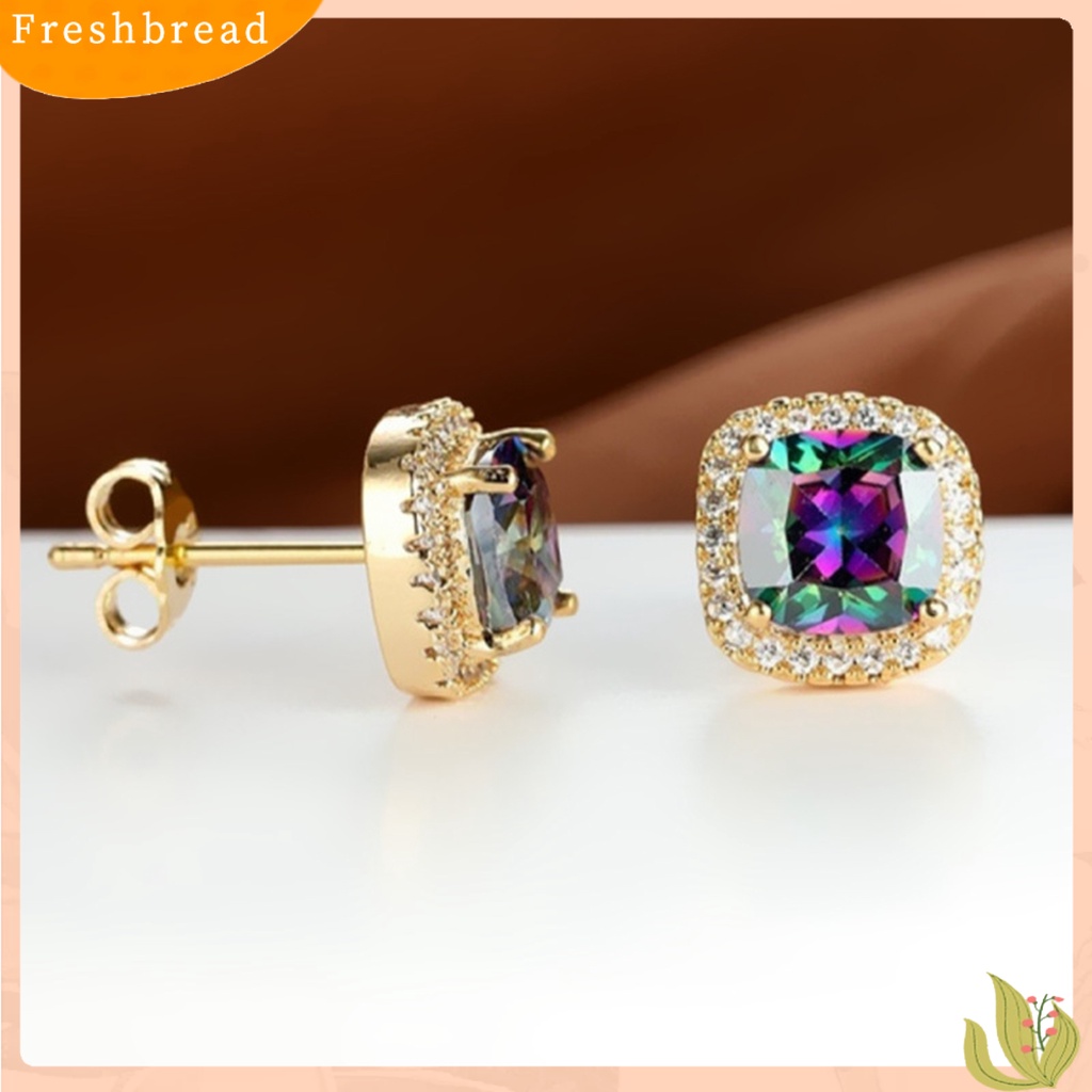 &lt; Freshbread &gt; 1pasang Anting Wanita Pengerjaan Halus Mewah Geometris Mata-catching Tahan Luntur Telinga Liontin Aksesori Wanita Rainbow Square Earrings Untuk Pesta