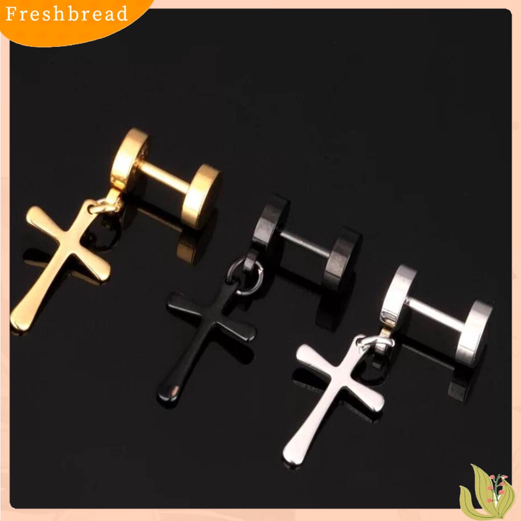 &lt; Freshbread &gt; 1pasang Pria Anting Gantung Warna Solid Permukaan Halus Dilapisi Bentuk Salib Wanita Anting Perhiasan