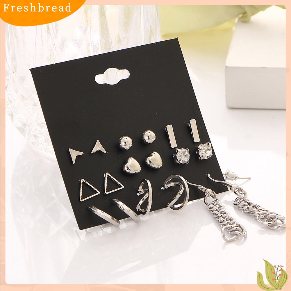 &lt; Freshbread &gt; 9pasang Fashion Wanita Berlian Imitasi Hati Bentuk Segitiga Ear Stud Hook Earrings