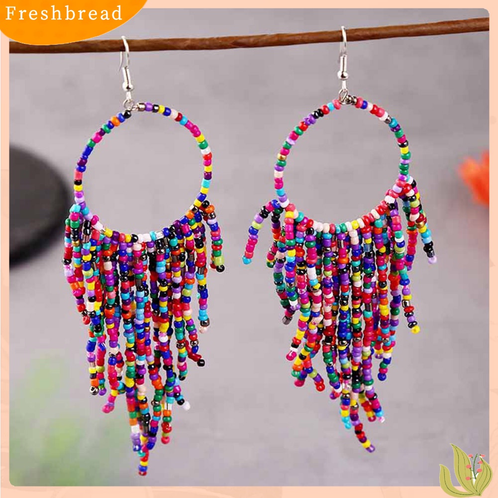 &lt; Freshbread &gt; Bohemian Wanita Manik-Manik Rumbai Bulat Menjuntai Kait Panjang Anting Pernyataan Perhiasan