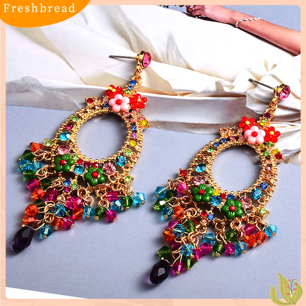 &lt; Freshbread &gt; 1pasang Anting Menjuntai Cantik Rumbai Manik Bunga Bohemian Warna-Warni Berlian Imitasi Drop Earrings Untuk Pacaran