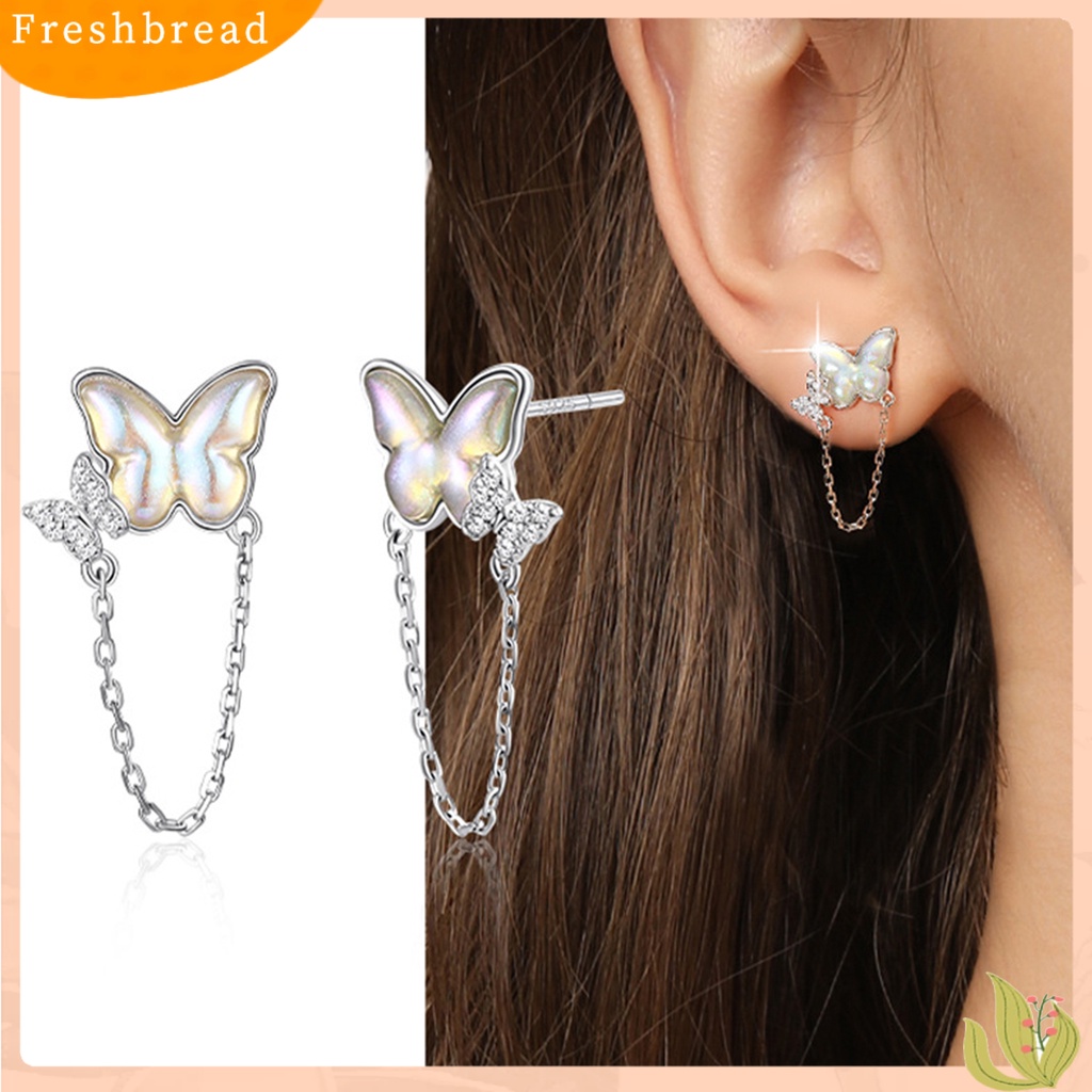 &lt; Freshbread &gt; 1pasang Ear Studs Mini Faux Moonstone Elegan Berlian Imitasi Tertanam Kupu-Kupu Rantai Wanita Anting Perhiasan Fashion