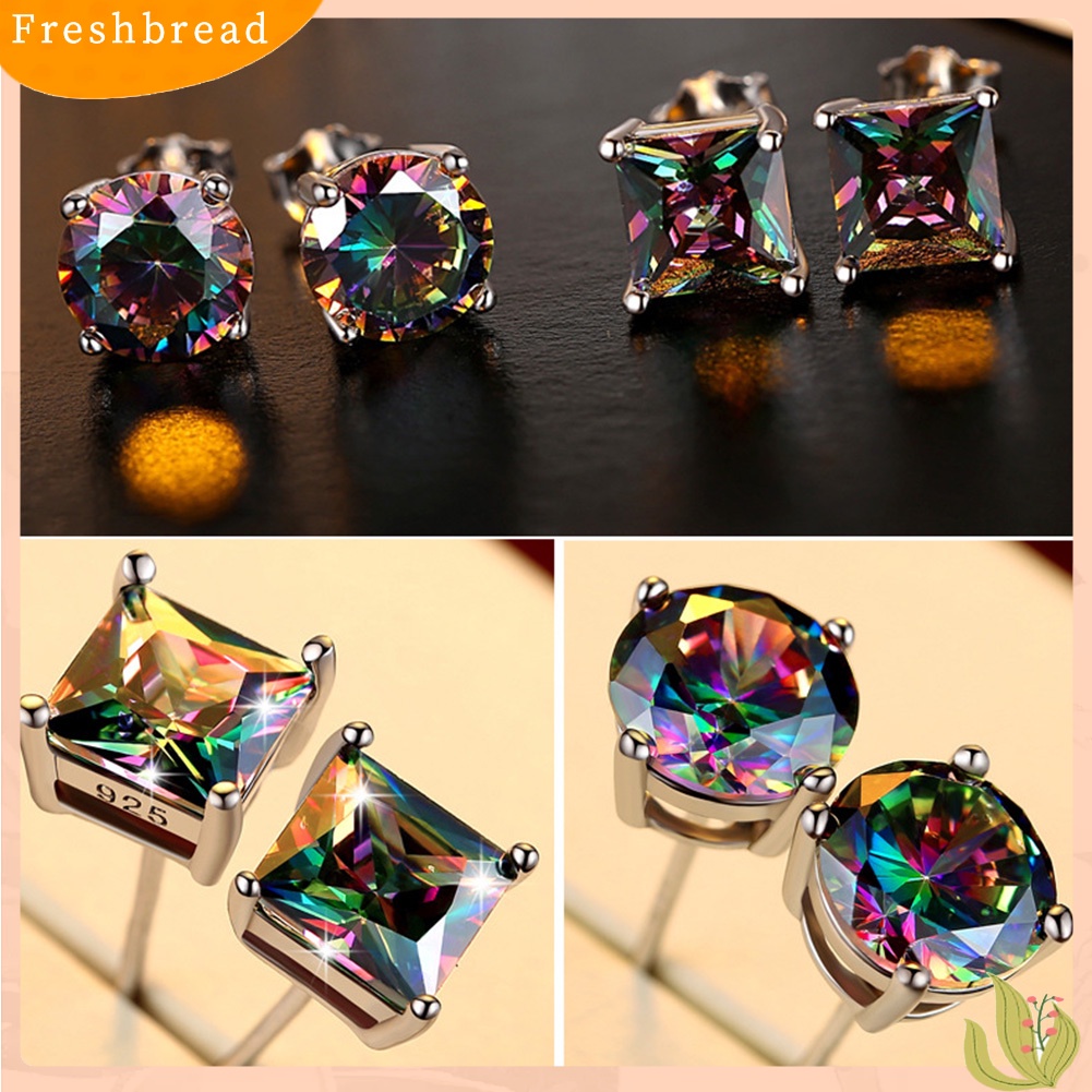 &lt; Freshbread &gt; Klasik Pria Wanita Bulat Kotak Warna-Warni Hias Berlian Imitasi Stud Earrings Jewelry