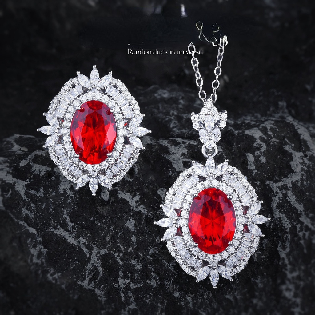 Goldkingdom Fashion Perhiasan Aksesoris Ready Stock Mewah Mawar Merah Berlian Turmalin Kalung Rasa Tinggi Temperamen Merah Korundum Burung Merpati Telur Cincin Liontin Harta Karun Warna-Warni Set