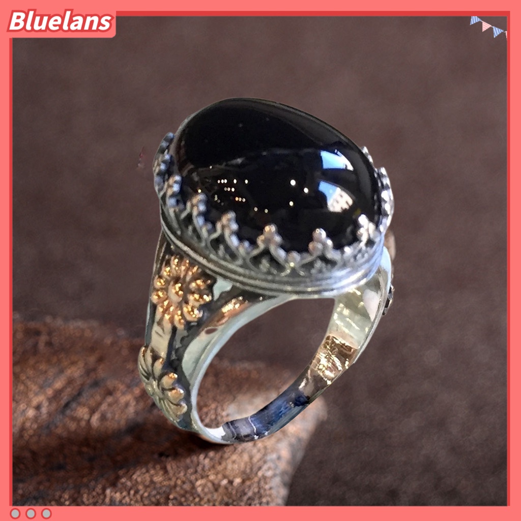 {In Stock} Cincin Unisex Lebar Gaya Batu Ukir Pola Bunga Cincin Permata Imitasi Aksesoris Perhiasan