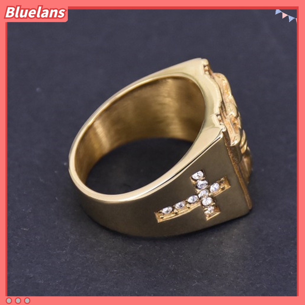 {In Stock} Chic Salib Yesus Ukir Cubic Zirconia Bertatahkan Cincin Unisex Perhiasan Pernikahan Hadiah