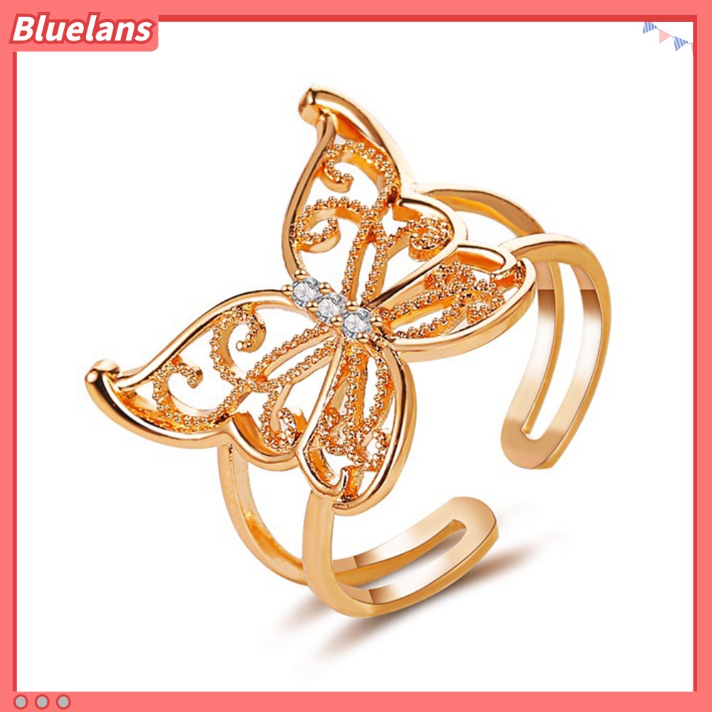 {In Stock} Fashion Wanita Berongga Kupu-Kupu Berlian Imitasi Pembukaan Lebar Jari Cincin Perhiasan Pesta