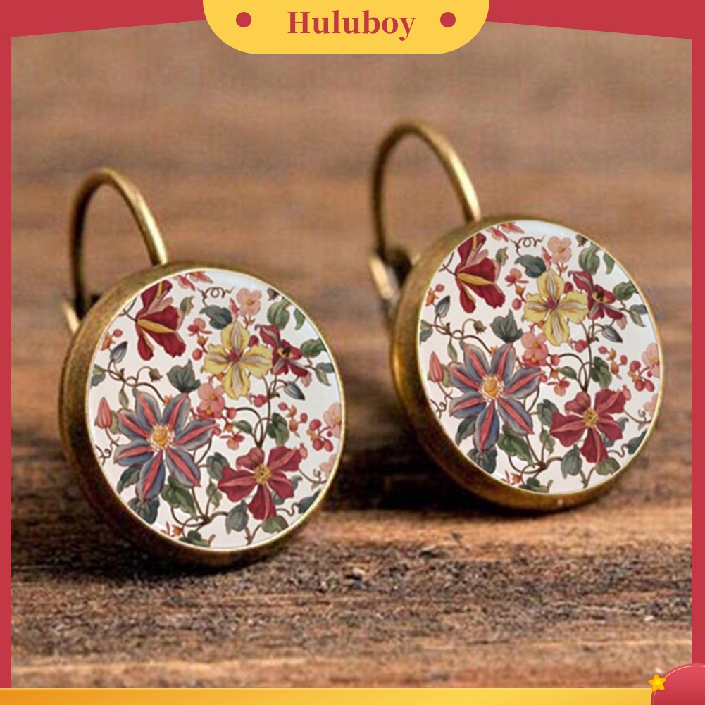 {Ready Stock} Vintage Bunga Dicetak Liontin Bulat Wanita Leverback Earrings Perhiasan Pesta