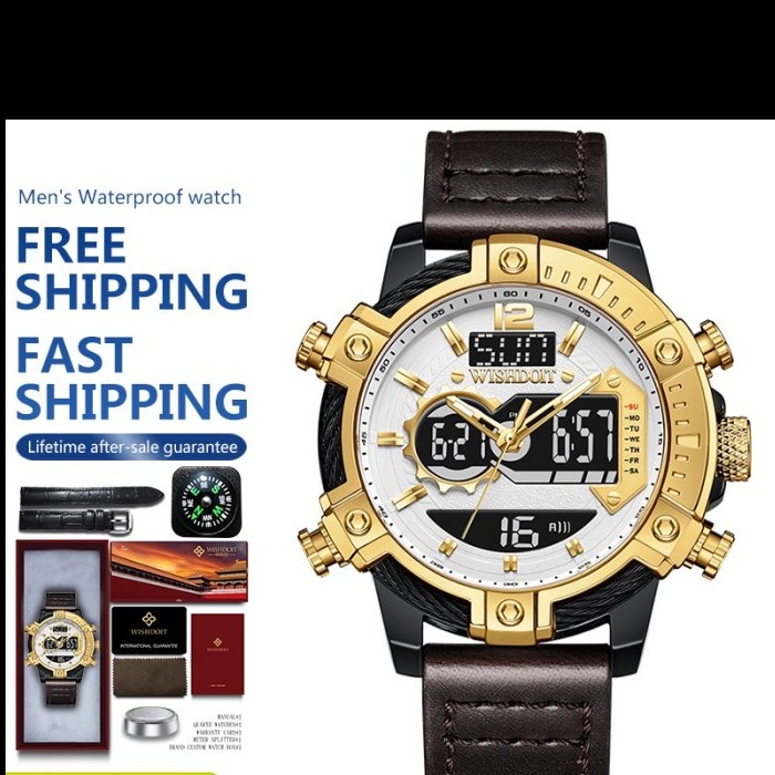 WISHDOIT Jam Tangan Pria Original Digital Multifungsi Men Chronograph - Gold White