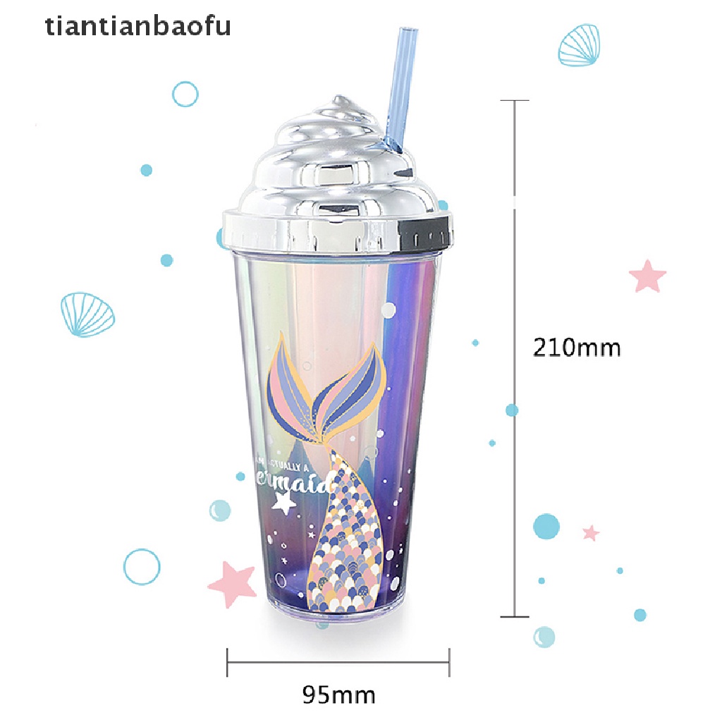 [tiantianbaofu] 420ml Cangkir Air Dengan Sedotan Double Wall Insulasi Panas BPA Free Anti Bocor Perlengkapan Minum Plastik Motif Mermaid Sippy Cup Butik