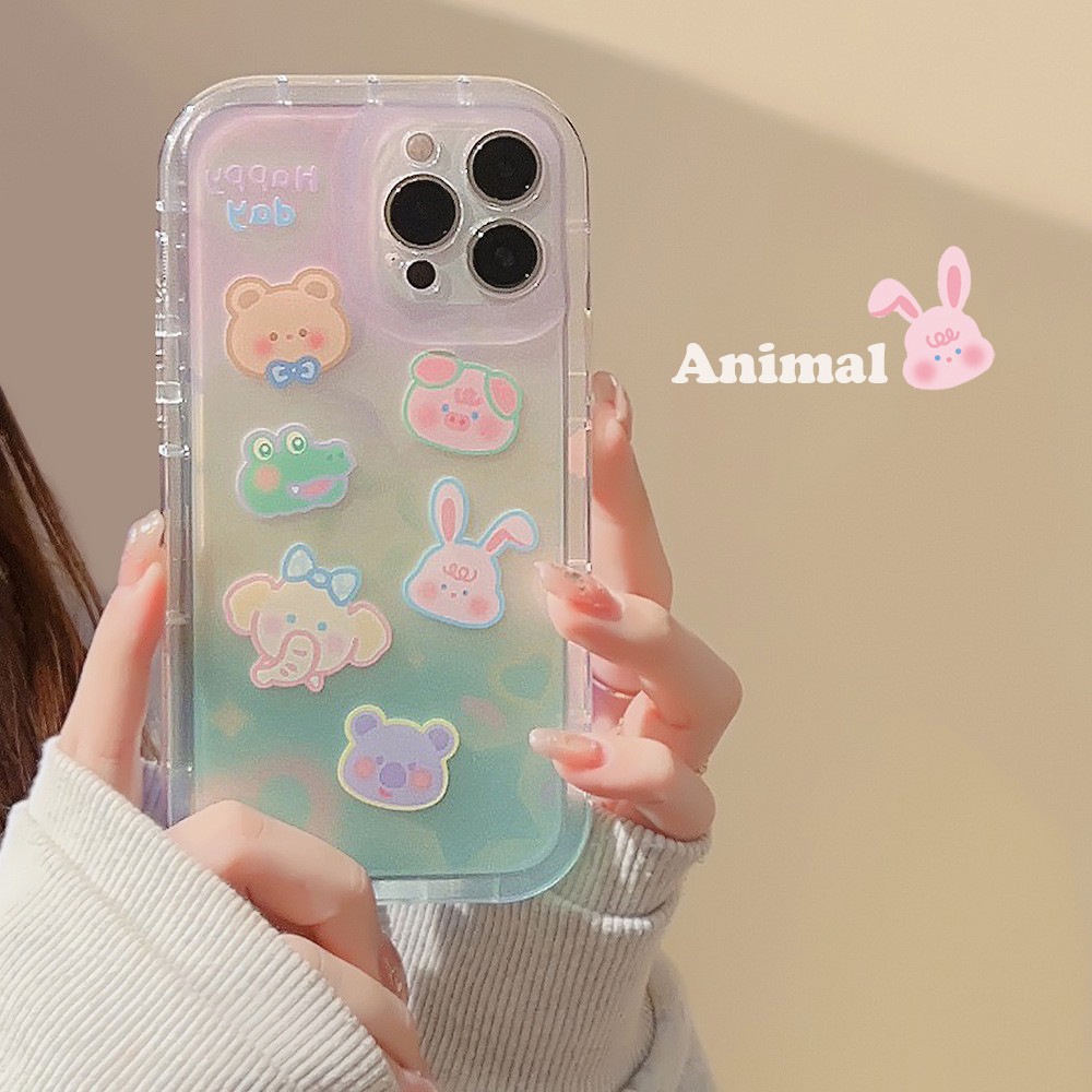 IPHONE Cute Pig Rabbit Frog Bear Dengan Gradasi Warna Casing Transparan Untuk Iphone14 11 12 13 PRO MAX Casing Cover Pelindung AT0141