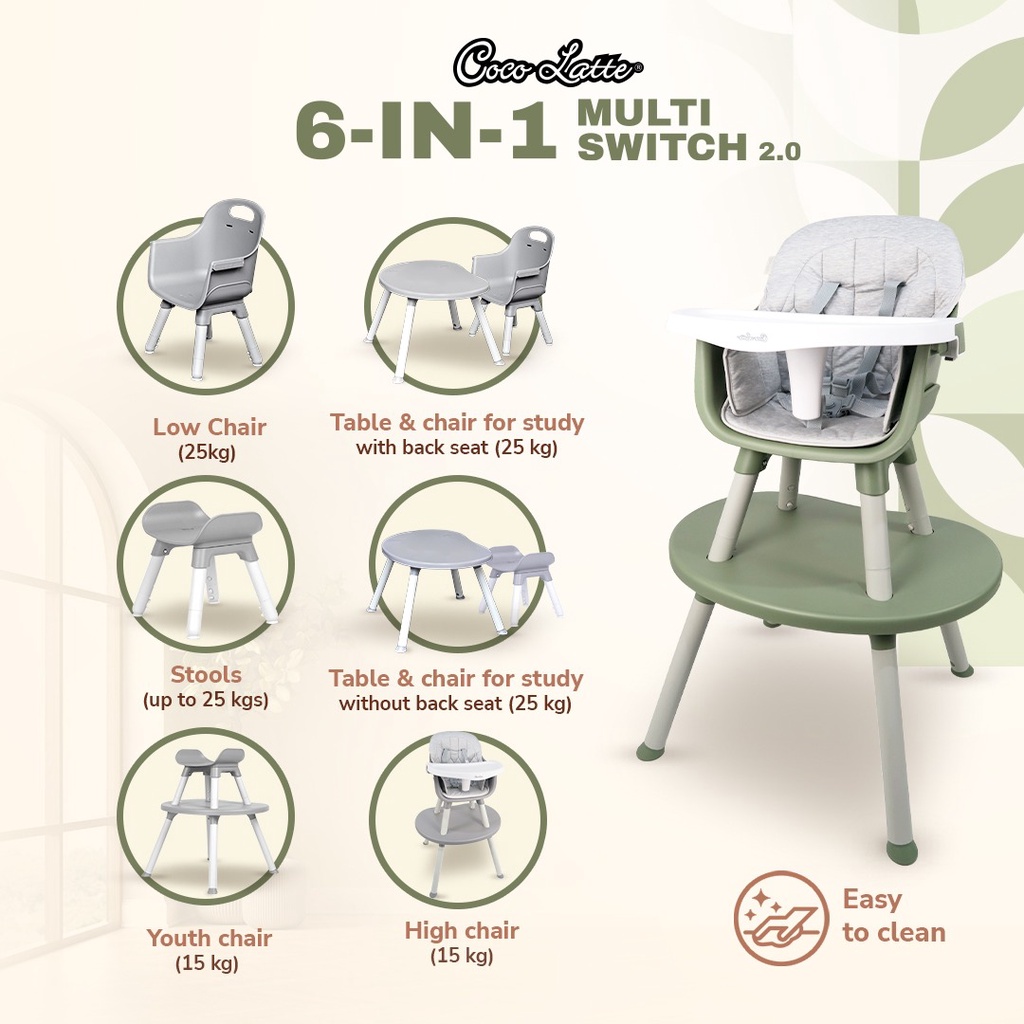 Cocolatte Multi Switch 2.0 6in1 High Chair / Kursi Makan Bayi / Kursi Makan Cocolatte / Multifungsi
