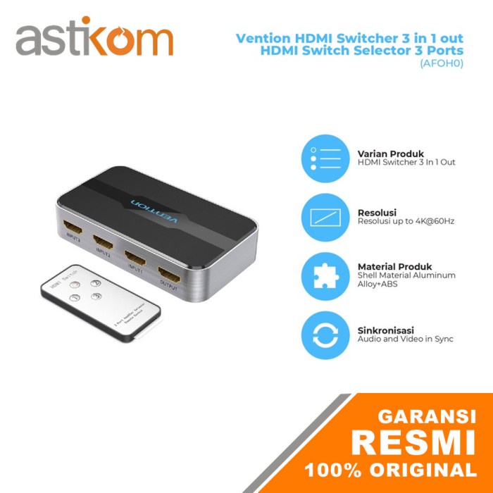 HDMI Switcher Vention 3 Input 1 Output Grey AFOH0