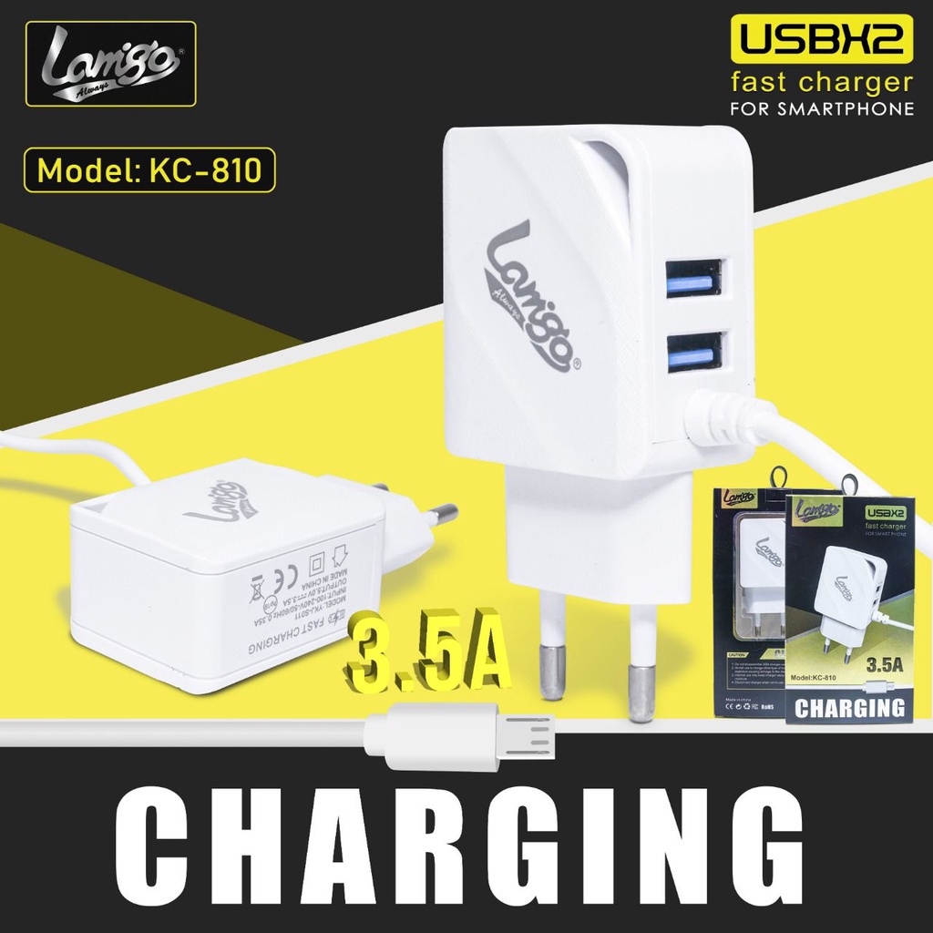 Lamigo KC810 Charger DUAL USB + kabel sambung micro USB original cas hp powerbank tws speaker dll