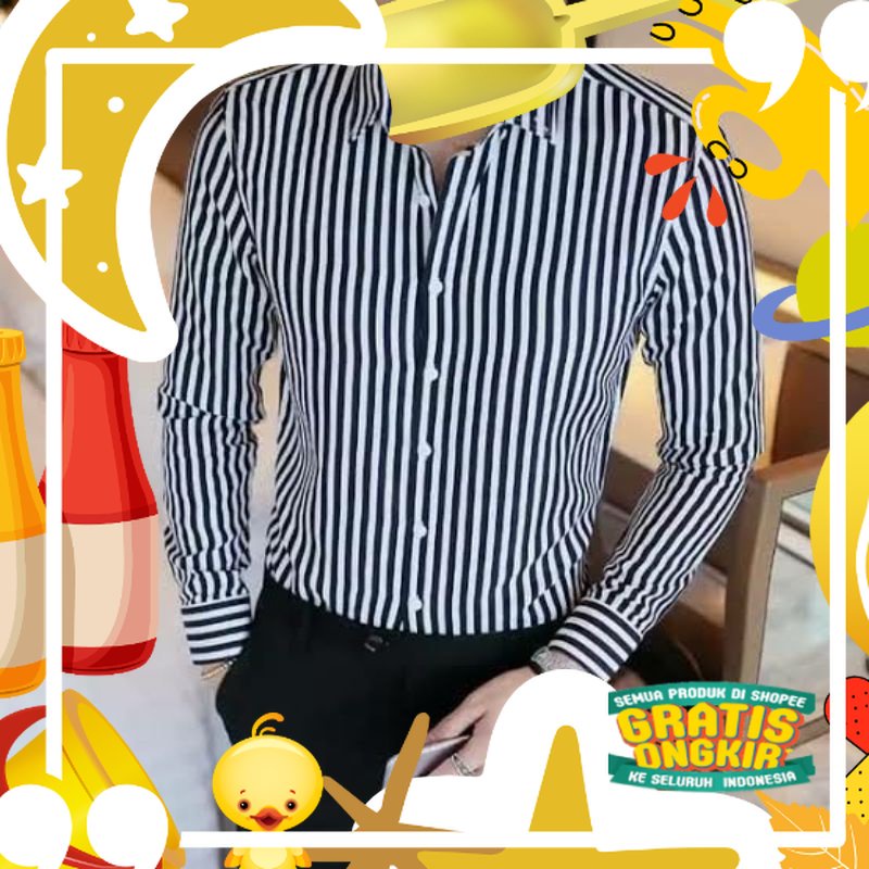 GSL Kemeja Pria Lengan Panjang Motif Polos Salur Hitam Putih Katun Flanel Import Jumbo Baju Atasan C