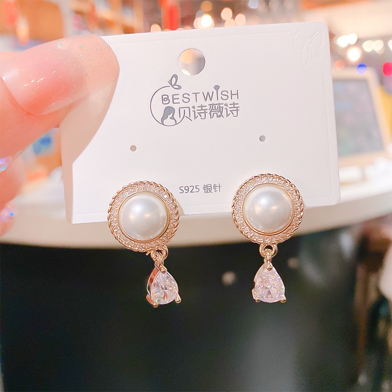 Fashion Mutiara Berlian Imitasi Anting Wanita Berlapis Perak Pin Stud Earrings