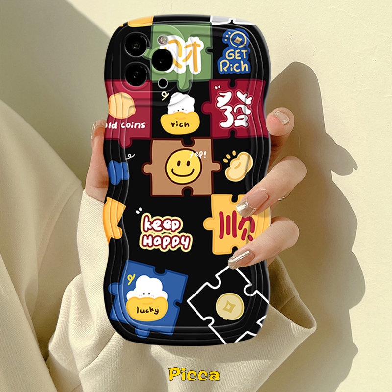 IPHONE Casing Motif Senyum Kaya Splicing Kreatif Kompatibel Untuk Iphone7 8 6s 614 Plus11 13 12 14 Pro Max 7Plus X XR XS Max SE 2020 Label Fashion Tepi Bergelombang Lembut Tpu Penutup Belakang